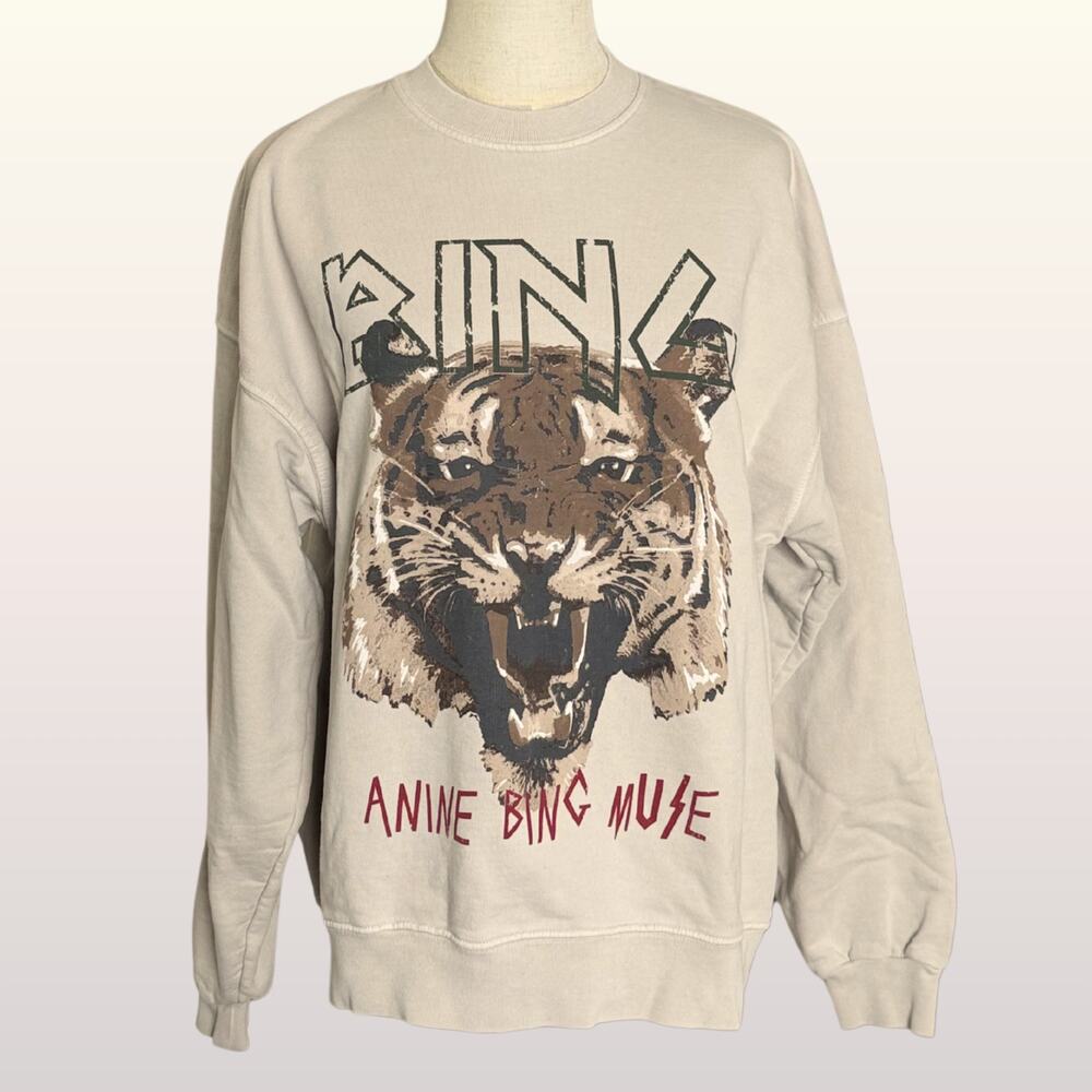ANINE BING MUSE Tiger Graphic Sweatshirt sz Large Bone Tan 100% Cotton Pullover